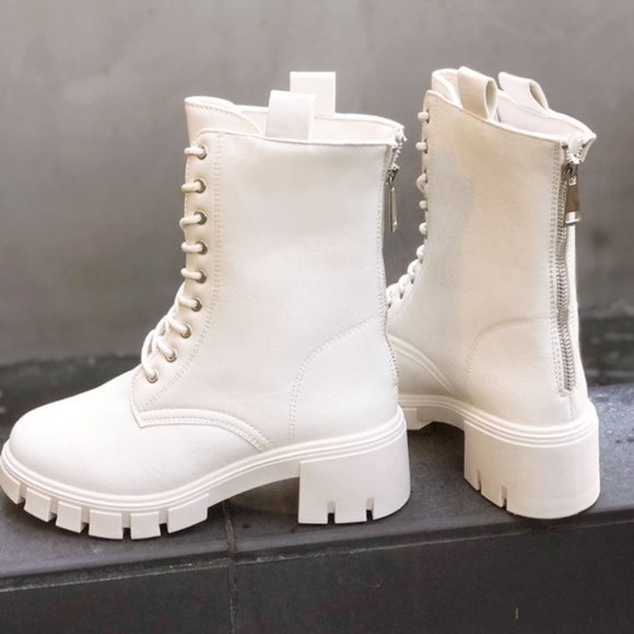 NEW Laced Up Lug Sole Zipper Back Faux Leather Combat Boots Booties Stone Ivory - Picture 6 of 10